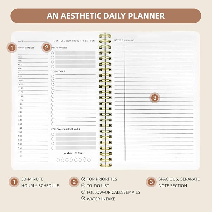 Undated Daily Planner - Spiral Notebook 80 Days One Day Per Page, Hourly Schedule, To-Do List, Notes, Everyday Planning Task, A5 Hardcover Journal Organizer Book Women Cute Aesthetic, Cat