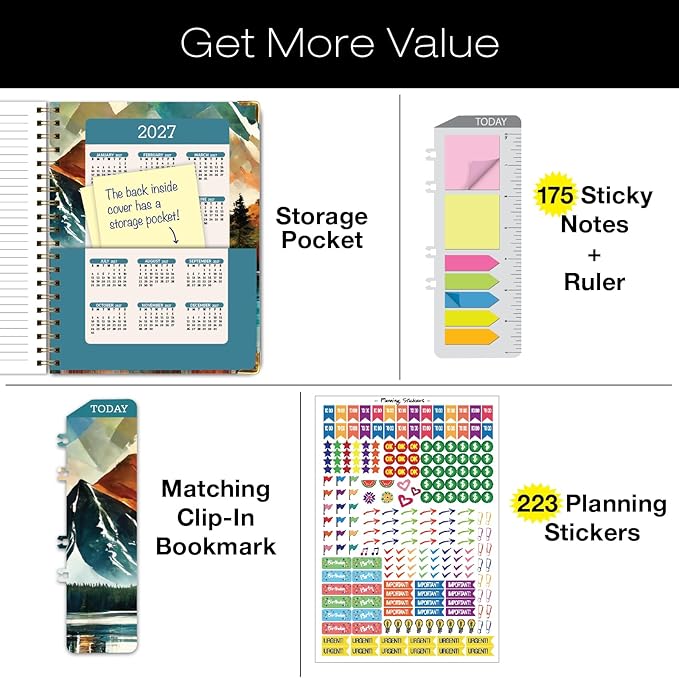 HARDCOVER Academic Year 2026-2027 Planner: 14 Months (May 2026 Through June 2027) 8.5"x 11" Daily Weekly Monthly Planner Yearly Agenda. Bookmark, Pocket Folder and Sticky Note Set (Lake View)