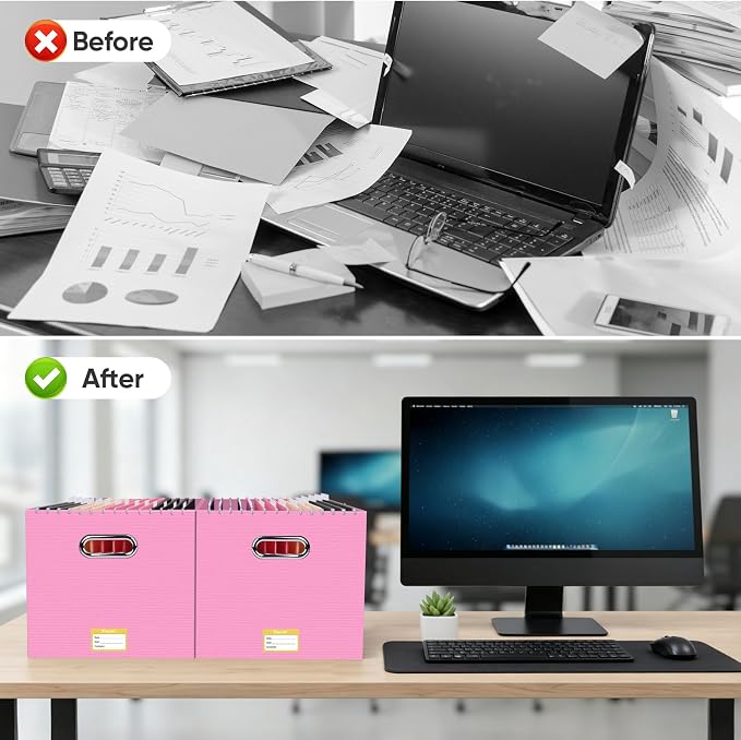 BALEINE File Organizer Box, Cardboard File Folder Organizer with Handle for Letter Size, Portable Collapsible Hanging Filing Box for Home Office Document Storage (8 Pack, Large Pink)
