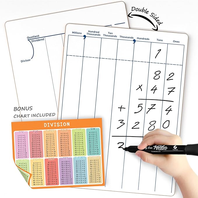 SCRIBBLEDO Dry Erase Division & Place Value White Board 9 x 12 Inch Whiteboard Double Sided Math Manipulatives Long Division Lapboards for Kids Students Classroom and Home