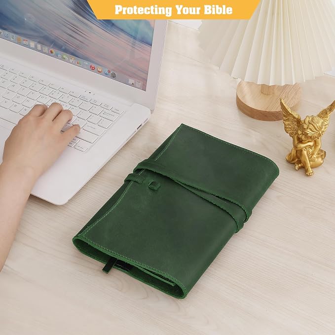 Jack&Chris Leather Bible Cover, Leather Book Cover for Men and Women, Bible Holder Strap Bible Cover Gifts, Green Medium