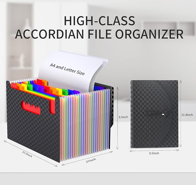 Expanding File Folders Accordion File Organizer with 24 Pockets,Accordian Document Folder Letter Size,Expandable Filing Box,Bill,Receipt and Paper Organizer Storage Boxes,Light-Duty,Portable Perfect