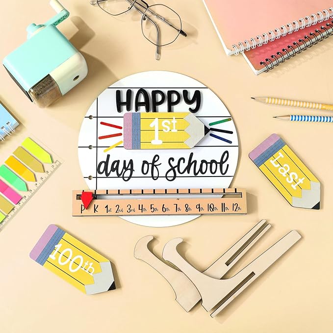 Kosiz Pencil First and Last Day of School Sign Back to School Board Gifts Round Wooden First Day of Sign Reusable Dry Erase 8''