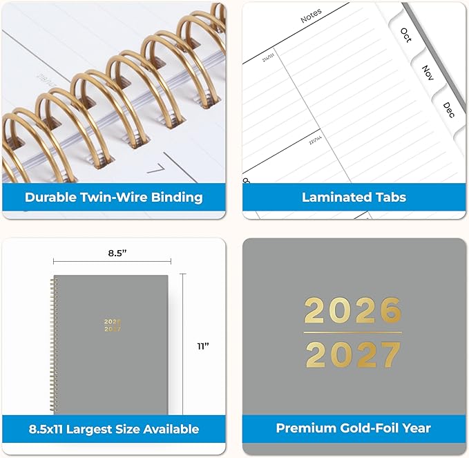 Blue Sky 17 Month 2026-2027 Weekly and Monthly Academic Year Planner Calendar, August 2026 - December 2027, 8.5" x 11", Flexible Cover, Wirebound, Laminated Tabs, Silver Metallic