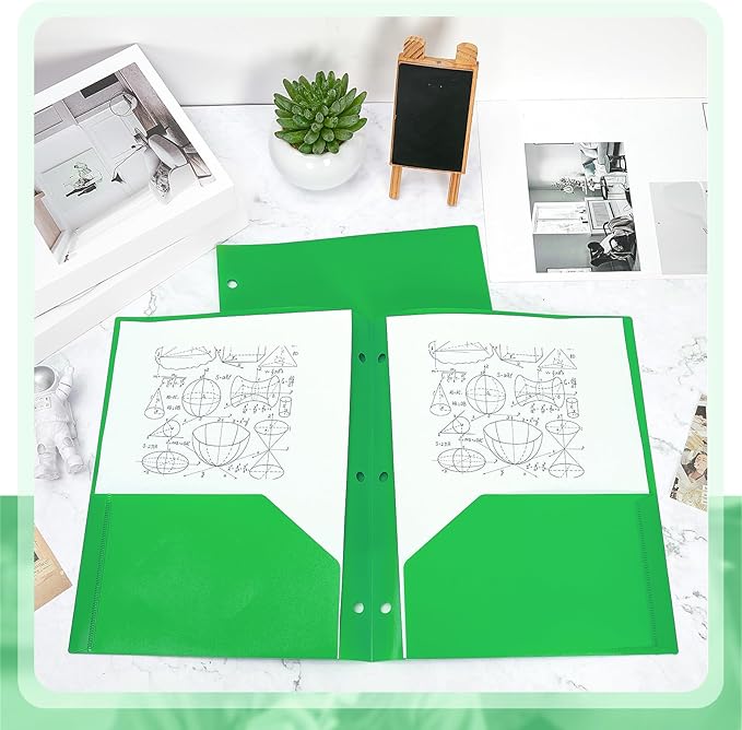 Yeaqee 50 Pcs Plastic Folders with Pockets Bulk 3 Hole Punched 2 Pocket File Folders for 3 Ring Binder Divider Folder for Notebooks, Durable Poly for Office Home (Green)