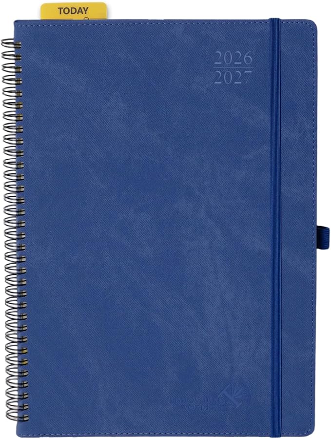 POPRUN 2026-2027 Academic Weekly Planner, Large Size 8.25" x 11.75", July 2026 to June 2027, Spiral Bound Calendar with Vertical Layout, 15 minutes Time Slots, Leather Soft Cover, Monthly Tabs - Indigo Blue