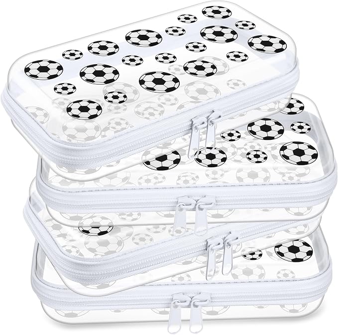 Hoolerry 4 Pcs Soccer Clear Hard Zipper Case Transparent Storage Pouch for Sports Party Favor Soccer Ball Team Gifts Durable Plastic Organizer Box Container for Travel, Office Supplies, Small Tools