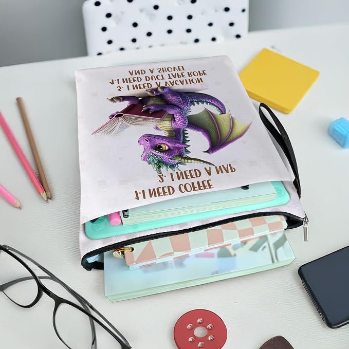 Purple Dragon Book Cover, Waterproof Book Sleeve with Zippered Front Pocket Retro Flowers Book Pouch for Book Lovers, Christmas, Birthday, Graduation Gifts (Purple Dragon, Large)