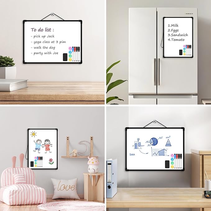 Black Frame Small Dry Erase Board for Wall, 16" x 12" Double-Sided Hanging Whiteboard with 4 Markers, 4 Magnets and 3 Mini Sticky Notes, Portable Whiteboard for Home, Office, School