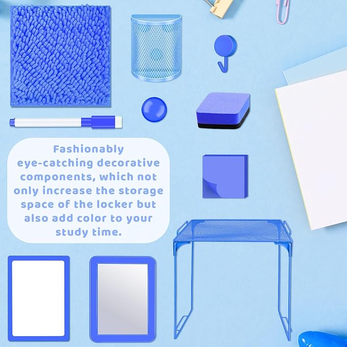 Demonwer Locker Accessories with Locker Shelf Locker Mirror Magnetic Pen Holder Sticky Note Whiteboard Mat Blue Locker Organizer for Work Mesh Metal Shelf Accessories Kit for School Office Supplies