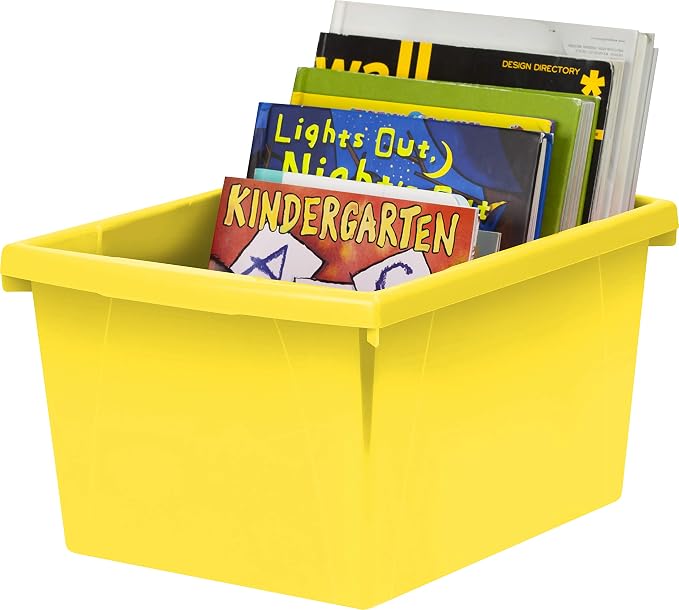 Storex 4 Gallon Storage Bin – Plastic Classroom Organizer for Books and Supplies, 13.625 x 11.25 x 7.87 Inches, Yellow, Case of 6 (61453C06C)