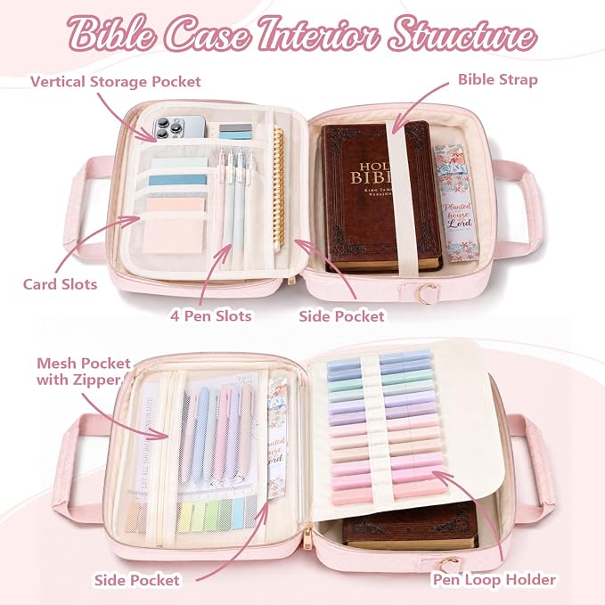 XKDOUS Bible Cover Case for Women, Quilted Large Bible Bag with Shoulder Strap, Bible Study Supplies with Highlighters, Tabs & Journaling Kit, Christian Gifts for Mom & Women (Pink)