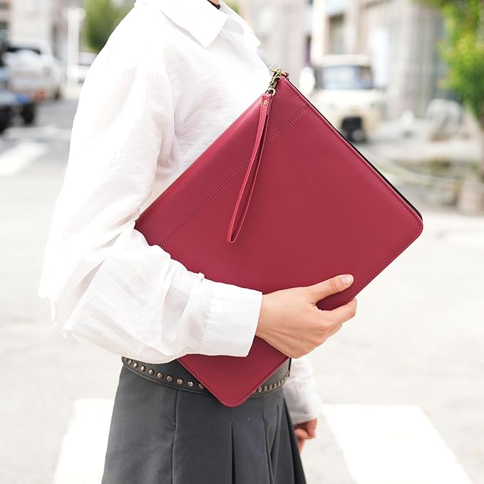Wason A4 Portfolio with Zipper - Leather PU Padfolio with Detachable Ring Binder and Writing Notepad Holder, Conference File Multi-Pockets Organizer for Office Travel School (Red)