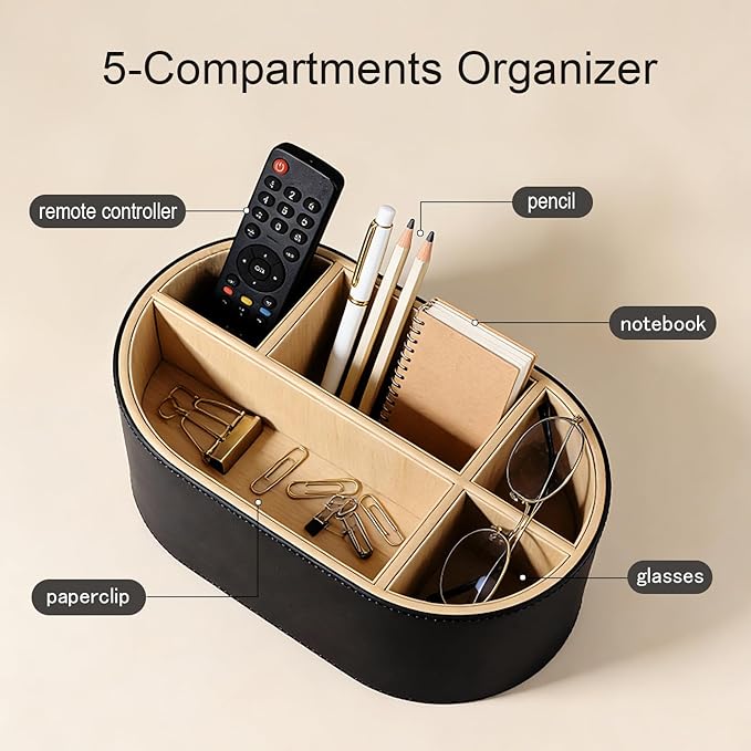 KINGFOM PU Leather Desk Organizer with Multi Compartments, Desktop Caddy Holder for Remote Controls, Pens, Makeup Brushes, Office Accessories (Black)