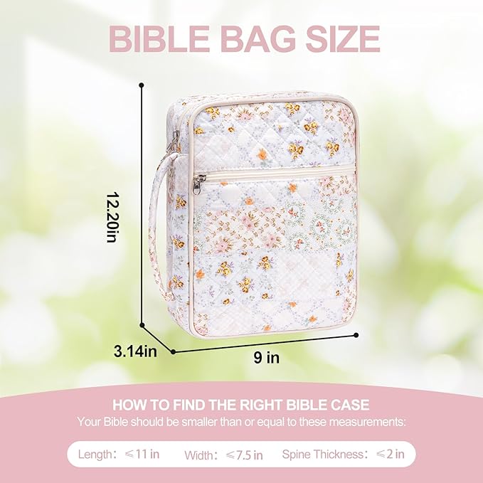 Large Bible Cover Case for Women,Quilted Bible Bag,Floral Bible Storage Bags with Zipper Pocket and Handle