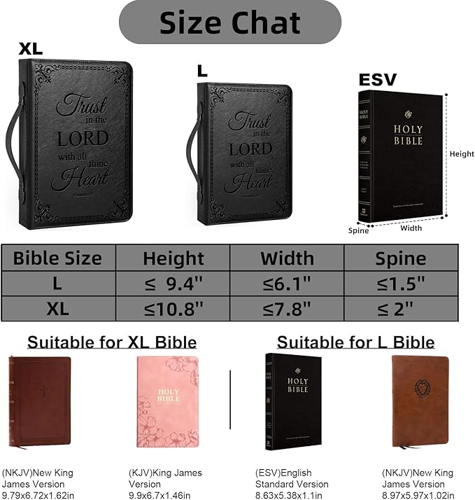 Large Bible Cover Case for Men Women, Mens Bible Covers Cases Leather Bible Cover Carrying Case for Women Men with Handle Zippered Bible Book Cover Holder Bag Case(Black, L)