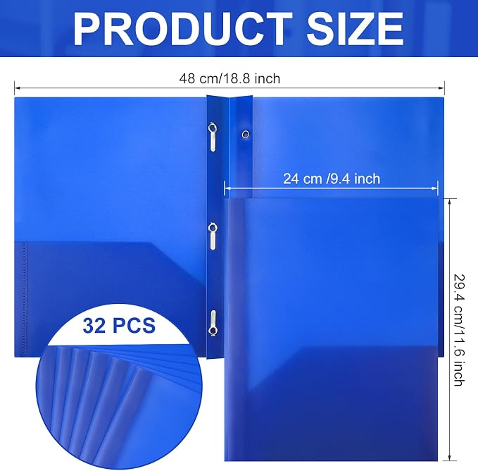 Cholemy 32 Packs Pocket Folders with Prongs Heavy Duty Plastic Folder with Business Card Slot 3 Prong Fasteners for School Office (Blue)