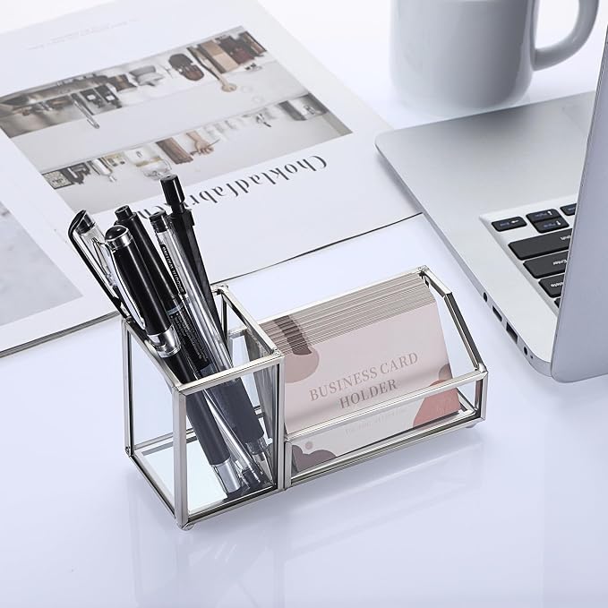 Hipiwe Glass Business Card Holder Metal Pen Pencil Storage Holder for Desk Clear Business Card Display Organizer Case for Office Home,2 Slots,Silver