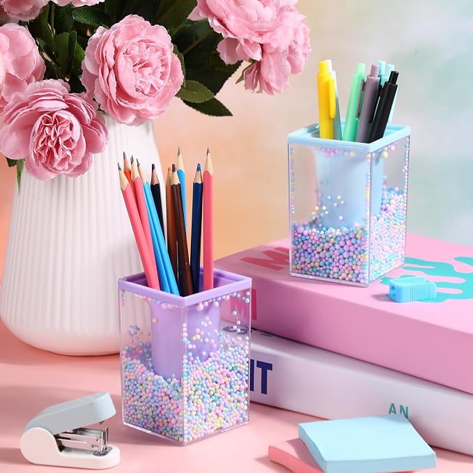 Zonon 2 Pieces Bubble Pen Holder for Desk Cute Makeup Brush Organizer & Pencil Holder with a Playful Sphere Design, Kawaii Desktop Accessories for Women, Office & School(Blue and Purple)