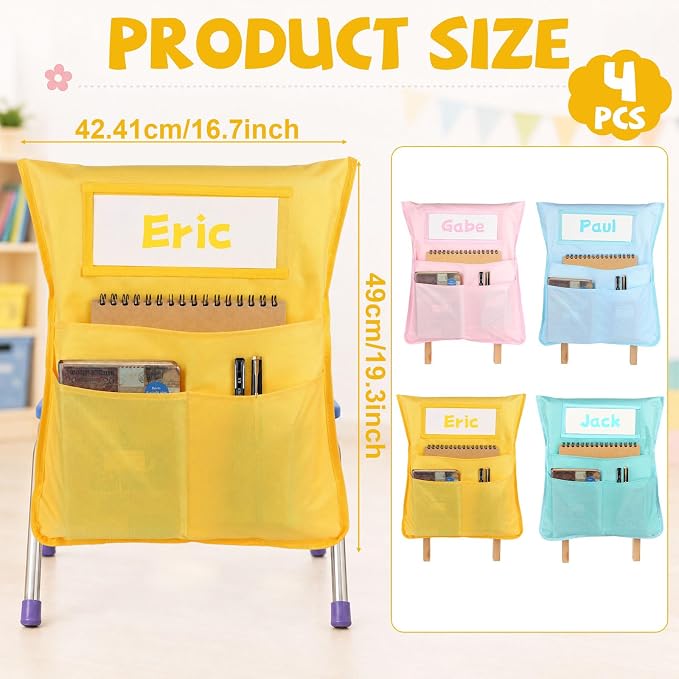 4pcs for Classroom 16.3x19.7inch Classroom Chair Pockets with Name Tag 3 Pockets Chair Organizer for Teacher Student School Office(Pink Purple)