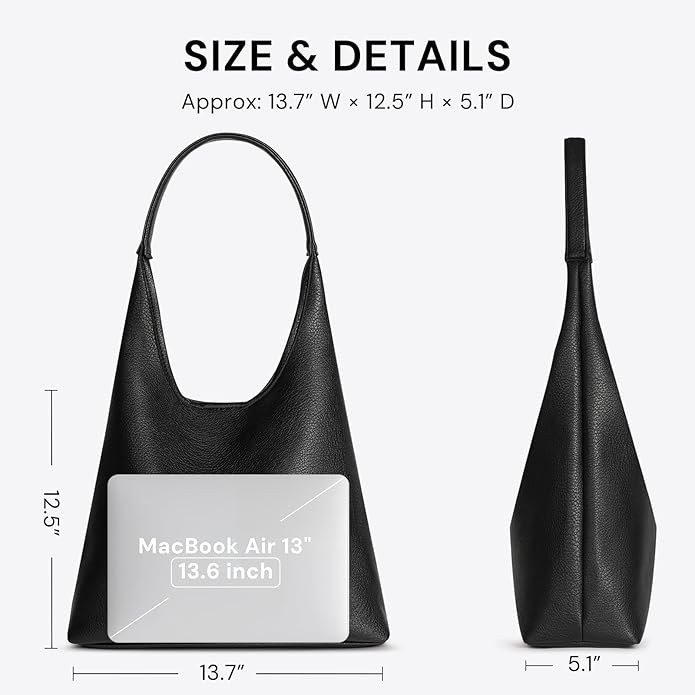 Hobo Bag for Women, Large Slouchy Shoulder Bag, Soft Vegan Leather Everyday Tote Purse, Stylish Handbag Fits 13.6'' Laptop