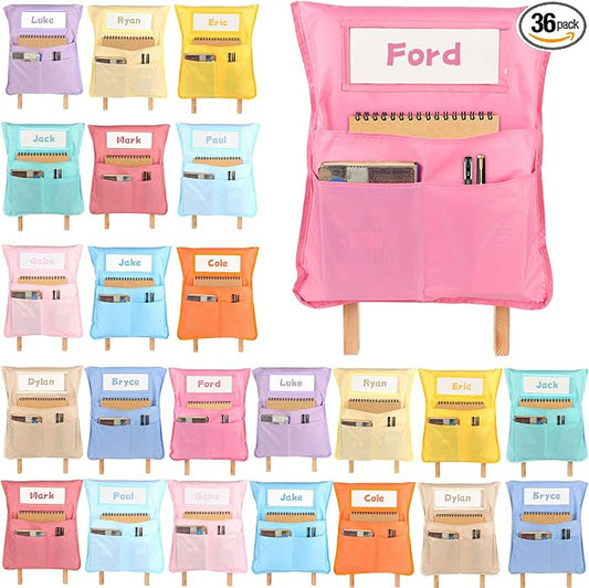 36pcs for Classroom 16.3x19.7inch Classroom Chair Pockets with Name Tag 3 Pockets Chair Organizer for Teacher Student School Office(Pink Purple)