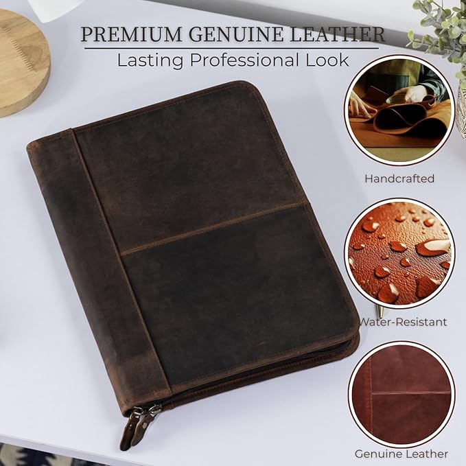 Leather Padfolio with Zipper – Business Portfolio for Men and Women, Legal Pad Portfolio, Leather Folder, Professional Padfolio for Meetings and Interviews