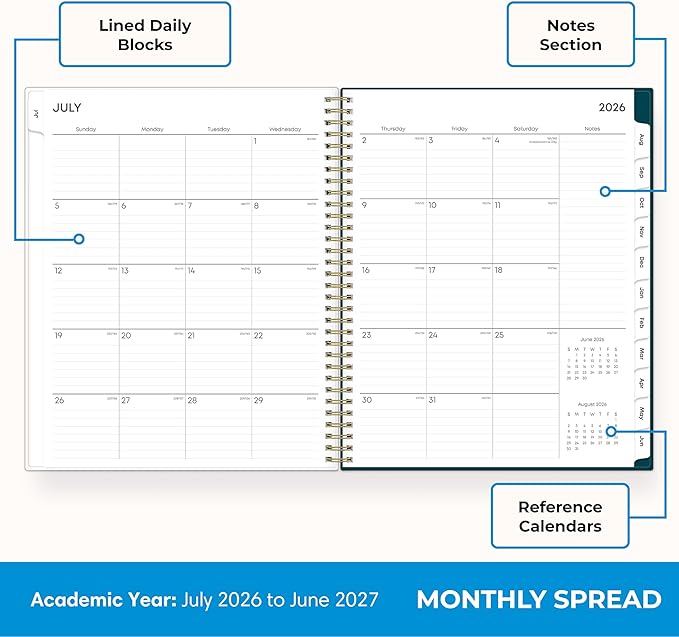 Blue Sky 2026-2027 Weekly and Monthly Academic Year Planner Calendar, July 2026 - June 2027, 8.5" x 11", Flexible Cover, Wirebound, Storage Pocket, Laminated Tabs, Greta