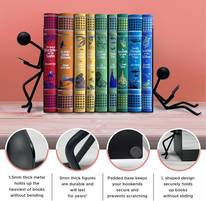 Ottimo Heavy Duty Metal Unique Office Desk Bookends for use as Bookshelf Decor, Home, Office or Kitchen Shelves. Unique, Cute and Decorative Book Stopper to Hold Books, Great Gift Idea (Black)