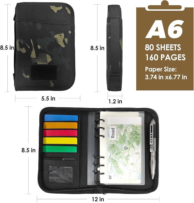 Tactical Notebook Cover, A6 Padfolio 6 Ring Binder with Big Back Pocket & Hand Strap, Zippered Hardcase Planner for Journal, College, Office, Field (Black Camo, A6(5.5 x 8.5 inches))