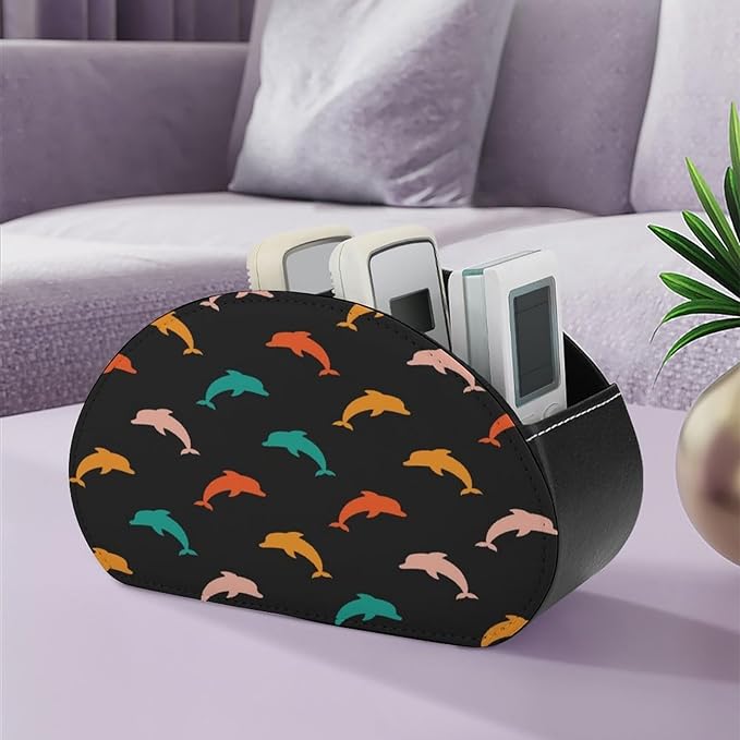 Colorful Dolphin Remote Control Holder with 5 Compartment PU Leather Multi Functional Desk Storage for TV Remotes Office Supplies