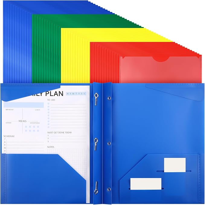 Tenceur 48 Pack Plastic Folders with 3 Prongs Bulk Heavy Duty Folders with Clear Front Pockets and Card Slots with Fasteners Fit Letter-Size Papers for Work School Office (Classic Colors)
