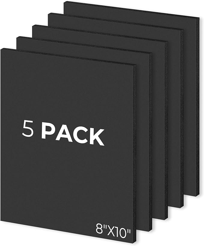 Mat Board Center, Pack of 5, 8x10 Foam Boards Acid Free Black Foam Core Boards for Mounting, Crafts, Display, Presentation and Projects, 3/16" Thick
