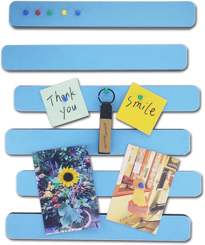 6Pcs Felt Bulletin Board Bar Strip 0.5 Inch Thick Self-Adhesive Pin Board Bar 13 Inch in Length with 35 Pushpins (Light Sky Blue)