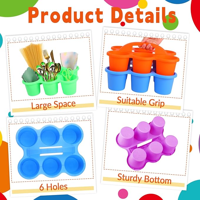12 Pack Classroom Caddy Organizer with Handle Colorful Plastic Table Caddy Drink Cup Caddies Holder 12×9×3.5 Inch Storage School Supplies 6 Compartments for Table Crayon Pencil Cup Marker Craft