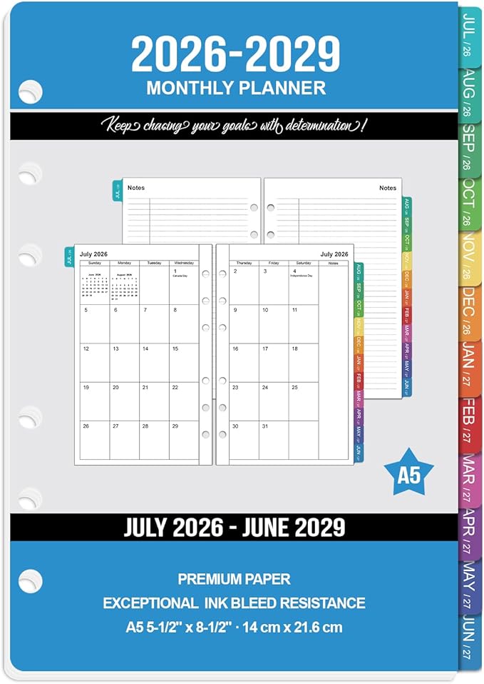 2026-2029 Monthly Planner Refills: 36 Months A5 Planner Inserts for 6-Ring Binder, Runs from July 2026 to June 2029, 6-Hole Punched Calendar Inserts 2026-2029 with Tabs, 5-3/4" x 8-1/4"