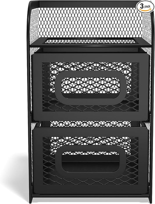 TRU RED Wire Mesh Desktop Organizer, 3‑Compartment Accessory Holder, Matte Black, 3‑Pack – Office Desk Storage