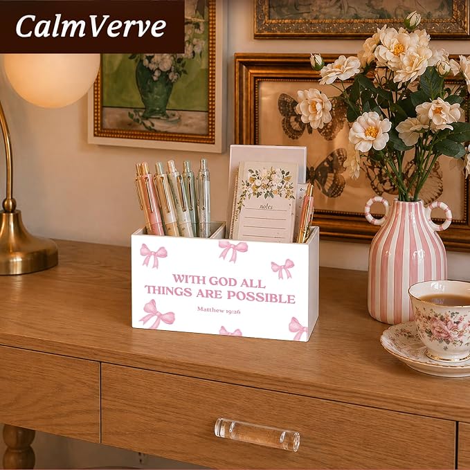Christian Pen Pencil Holder for Desk Pink Bow Christian Gifts for Women Girls, Preppy Bible Verse Pencil Holders Wooden Box Organizer for Girls Room Bedroom Dorm Desk Tabletop
