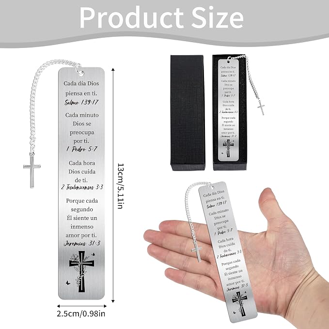 Spanish Bible Bookmark Gifts: Christian Metal Book Marks in Spanish, Religious Cross Page Marker, Inspirational Prayer Gifts with Box for Women Men Students School Office Supplies