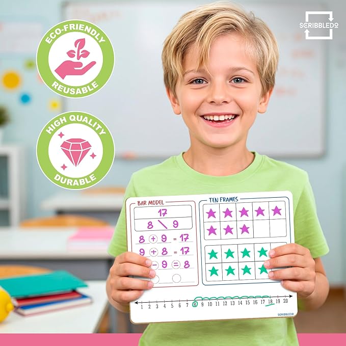 SCRIBBLEDO Bar Model, Ten Frame & Number Line 9x12 Double-Sided Dry Erase Math Manipulatives Board 1–120 Number Chart Reusable Whiteboard for Teacher Classroom Homeschool & Early Math Practice