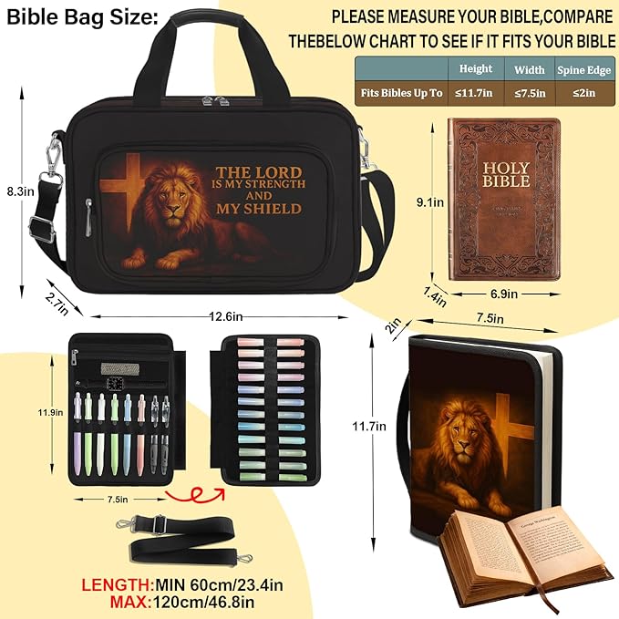 2-in-1 Lion Bible Bag for Men with Removable Bible Cover, Bible Cover with Journaling Kit & Shoulder Strap, Highlighters and Cross Clips for Bible Study & Church, Christian Gift for Men