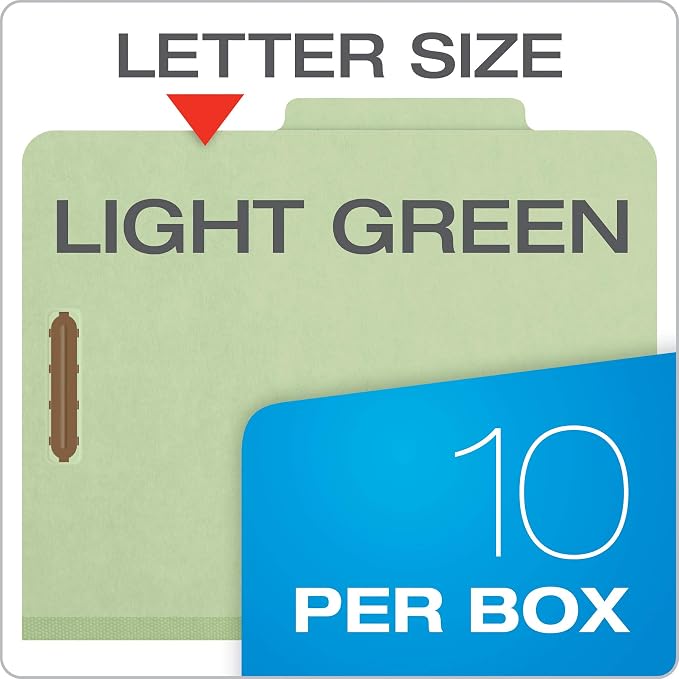 Pendaflex Recycled Classification File Folders, 1 Divider, 2" Embedded Fasteners, 2/5 Tab Cut, Letter Size, Light Green, Box of 10 (23776R)