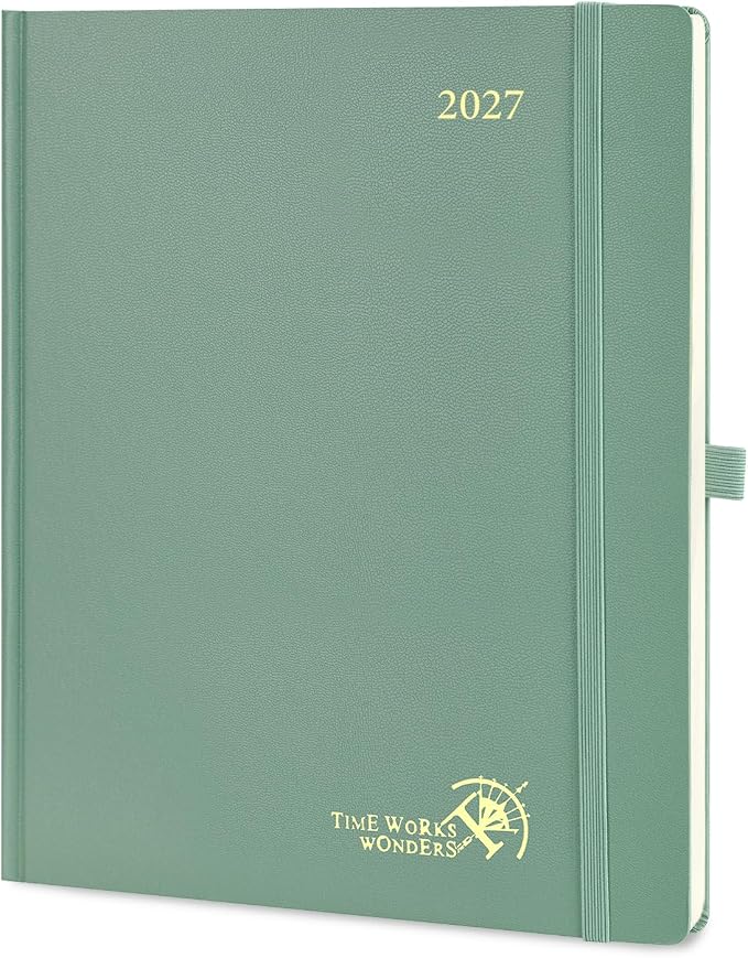 POPRUN 2027 Planner Weekly and Monthly, Large 8.5" x 10.5" Calendar, Jan 2027- Dec 2027 Agenda, Daily Appointment Book with Hourly Time Slots, Monthly Tabs, Hardcover, 100 GSM - Midnight Green