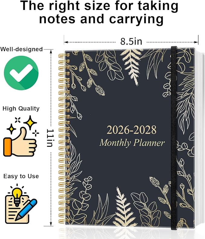 2026-2028 Monthly Planner, 3 Years Calendar from April 2026 - December 2028 with Spiral Binding, Inner Pocket, Elastic Closure, 33 Month Planner for Home | School | Office, 8.5" x 11", White Gold Leaf
