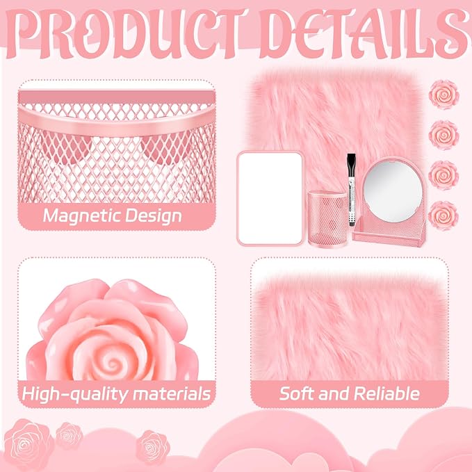 8 Pcs Locker Accessories Kit, Back to School Essentials, Pink Magnetic Mirror, Magnetic Pen Holders, Cute Flower Magnets, Pink Locker Decorations for School Locker Organizing Supplies