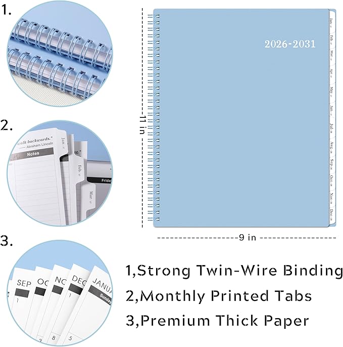 2026-2031 Monthly Planner/Calendar - 5 Year Planner, Jul. 2026 - Jun. 2031, 9" x 11", 5 Year Calendar Double-Side Pocket + Durable Polypropylene Cover - Light Blue