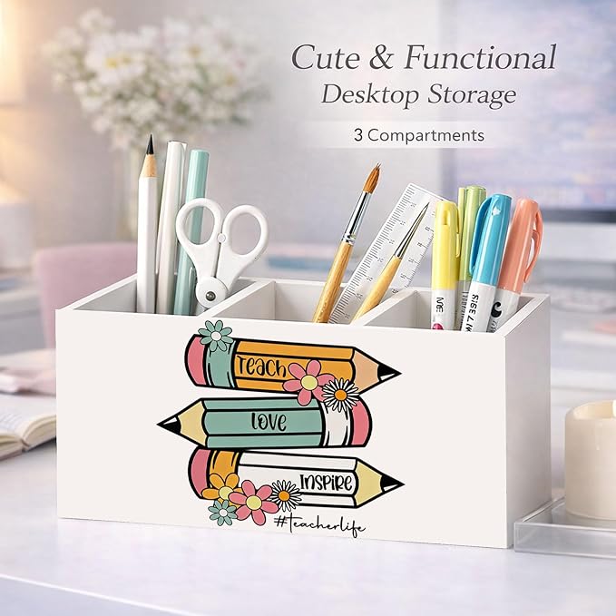 Teacher Life Wooden Desk Organizer, Cute Pencils Design Pen Pencil Holder with 3 Compartments, Decorative Office Supply Storage Box for Desk, Home, Classroom, Gift for Teachers