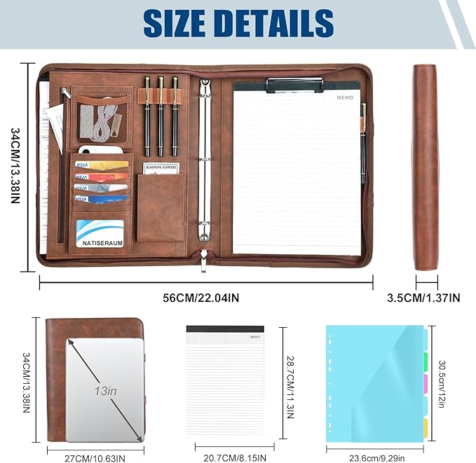 Padfolio Portfolio Binder with Handle, 3-Ring Folder Organizer, Vegan Leather Portfolio with Notepad Includes 5 Dividers with 10 Pockets for Documents Filesfor Documents Files and 1 Pen