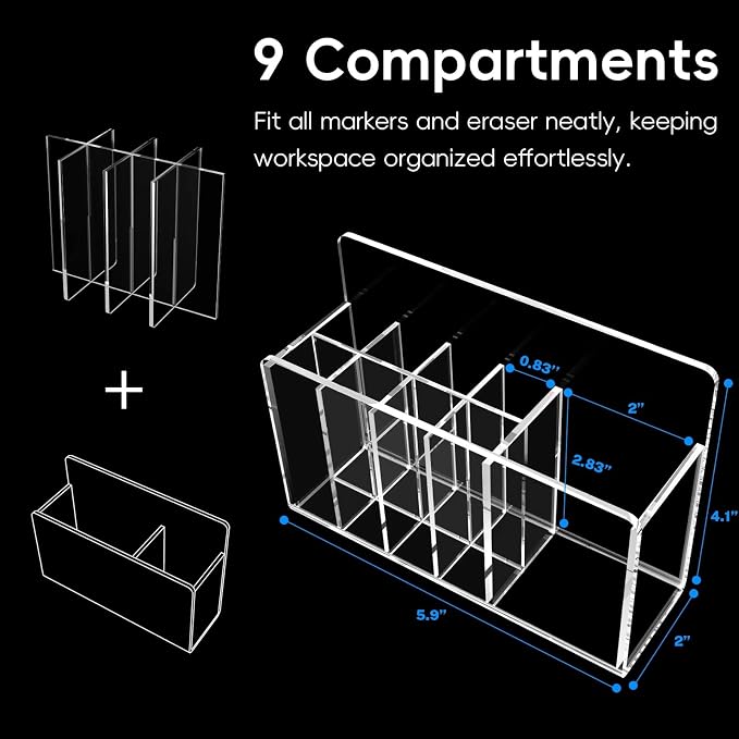 Magnetic Dry Erase Marker Holder for Whiteboard, Adhesive Marker Organizer for Refrigerator, Acrylic Pen Holder for Locker Accessories, Locker Organizer for Work, Pencil Cup for Desk, Clear