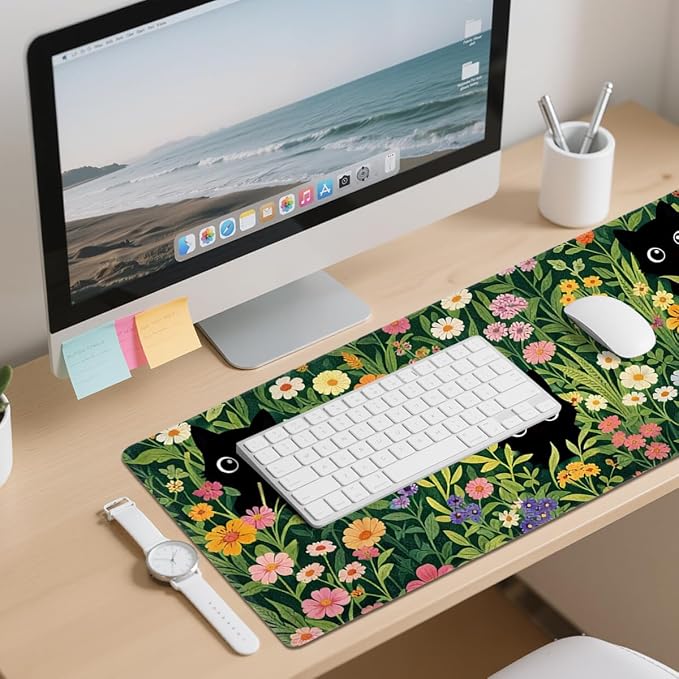 Black Cat Gaming Mouse Pad 35.4 x 15.7 Inches Kawaii Flower Meadow Cute Spring Garden Desk Mat with Non-Slip Rubber Base, Stitched Edges for Gaming,Office